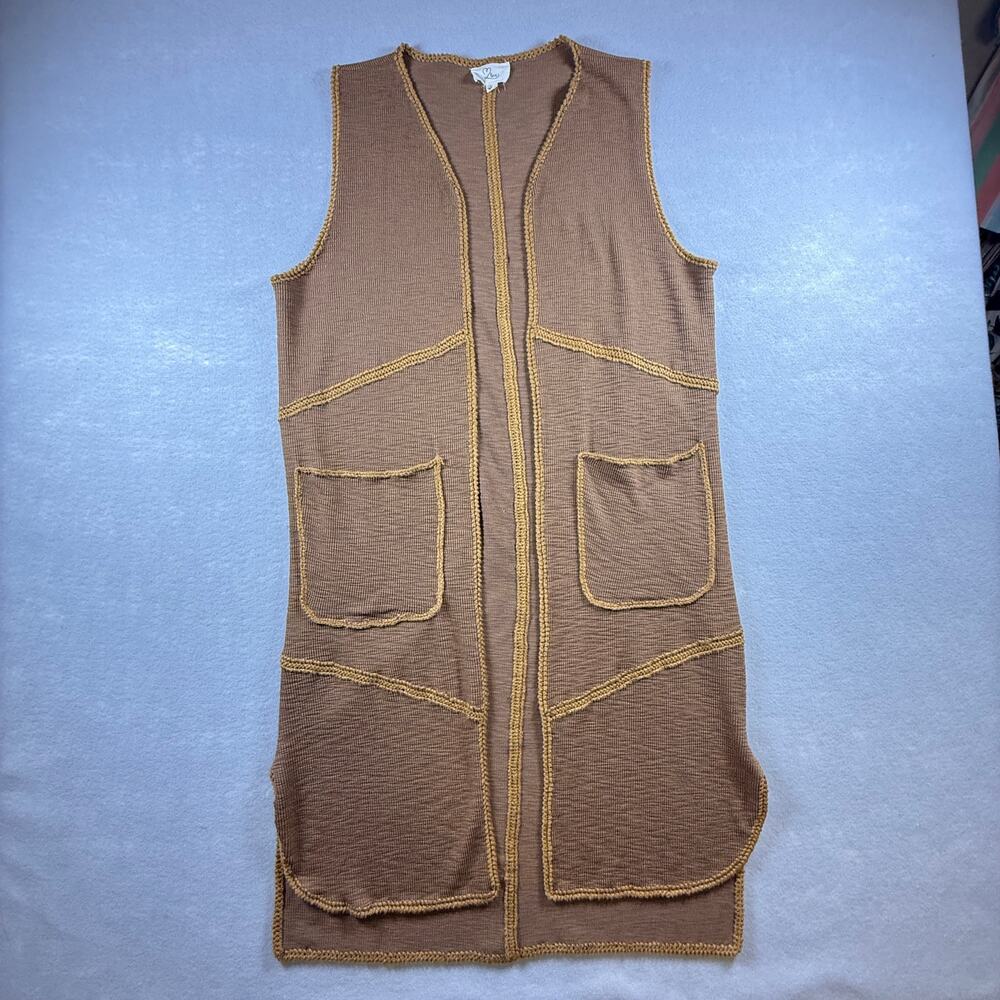 Womens open waffle knit duster vest - kimono brown western boho hippie size L